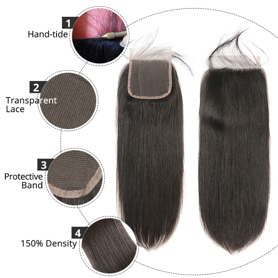 AliPearl-Straight Lace Encerramento Cabelo Humano com Cabelo de Bebê, Pré-Arrancado, Natural Preto, Peruano, 4x4