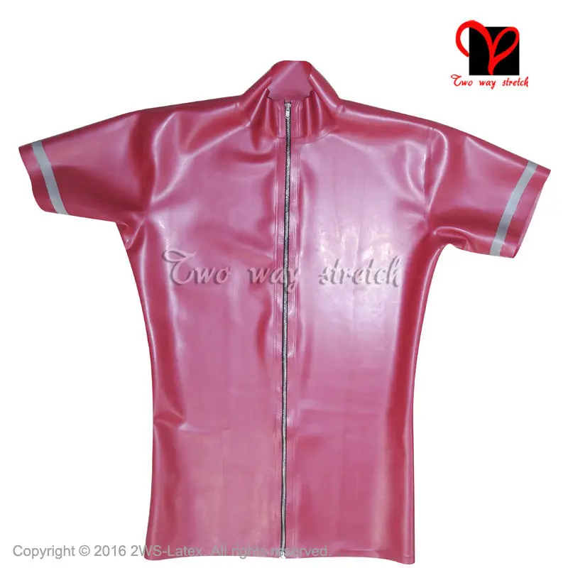 Rits voor Rood Zilveren Versieringen Sexy Latex Jas Boxer Korte Mouwen Rubber Jas Top Bottom Ondergoed Broek Uniform plus TZ-012