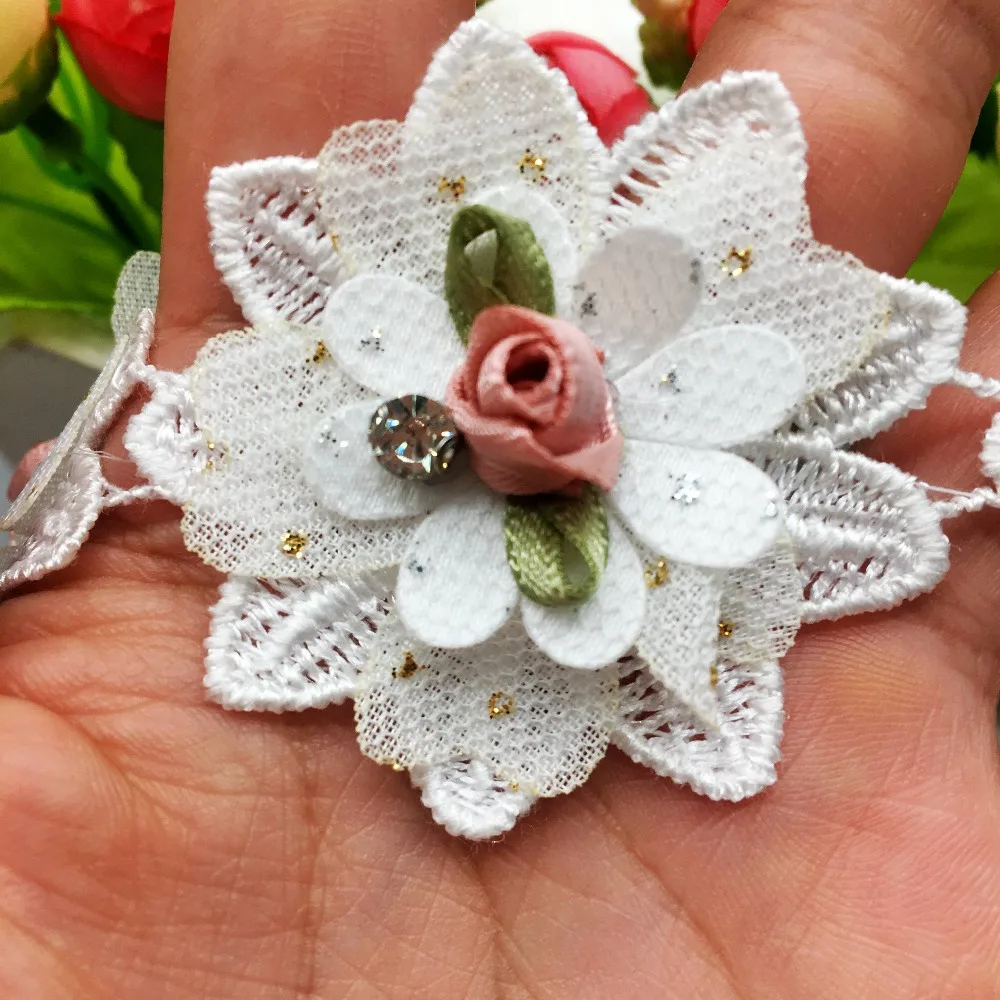 

10X Vintage 3D Diamond Rose Flowers Embroidered Lace Trim Ribbon Floral Applique Patches Dress Fabric Wedding Sewing Craft 5X5CM