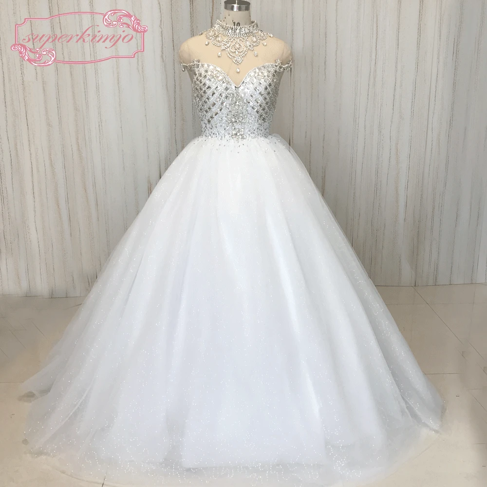 

SuperKimJo High Neck Crystal Wedding Dresses 2020 Vestido De Noiva Luxury Sparkly Chapel Train Wedding Ball Gown