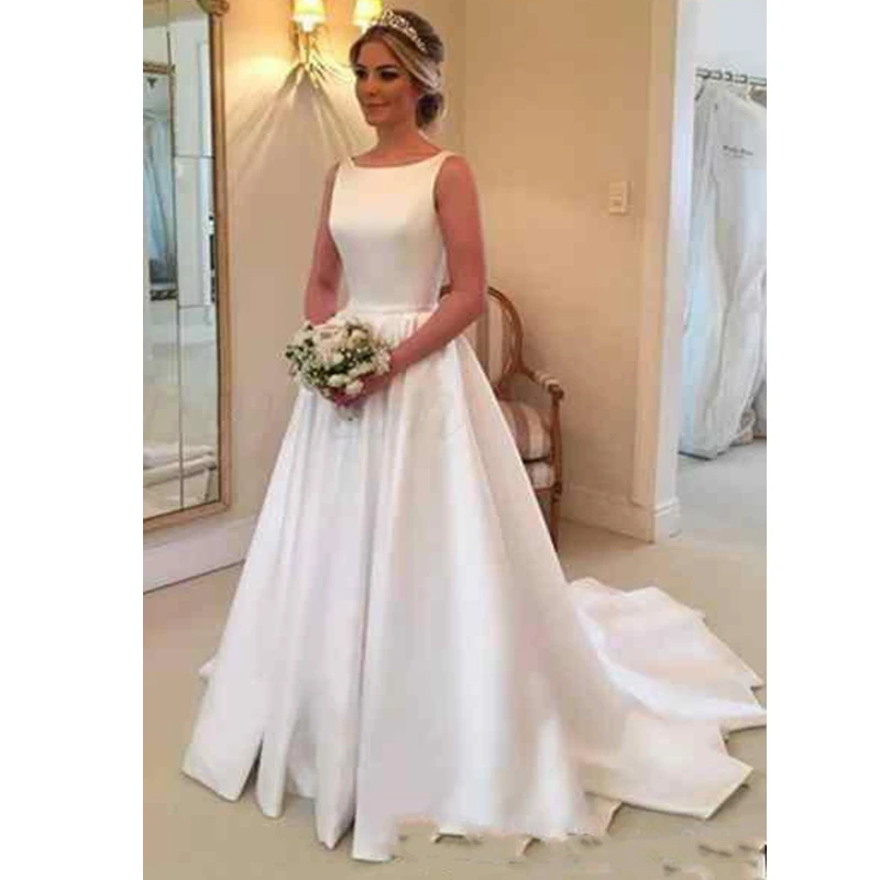 Vestidos de novia de satén blanco, elegantes vestidos de novia sin mangas con Espalda descubierta, vestidos de novia hechos a medida con lazo, vestidos de boda de alta calidad 2021