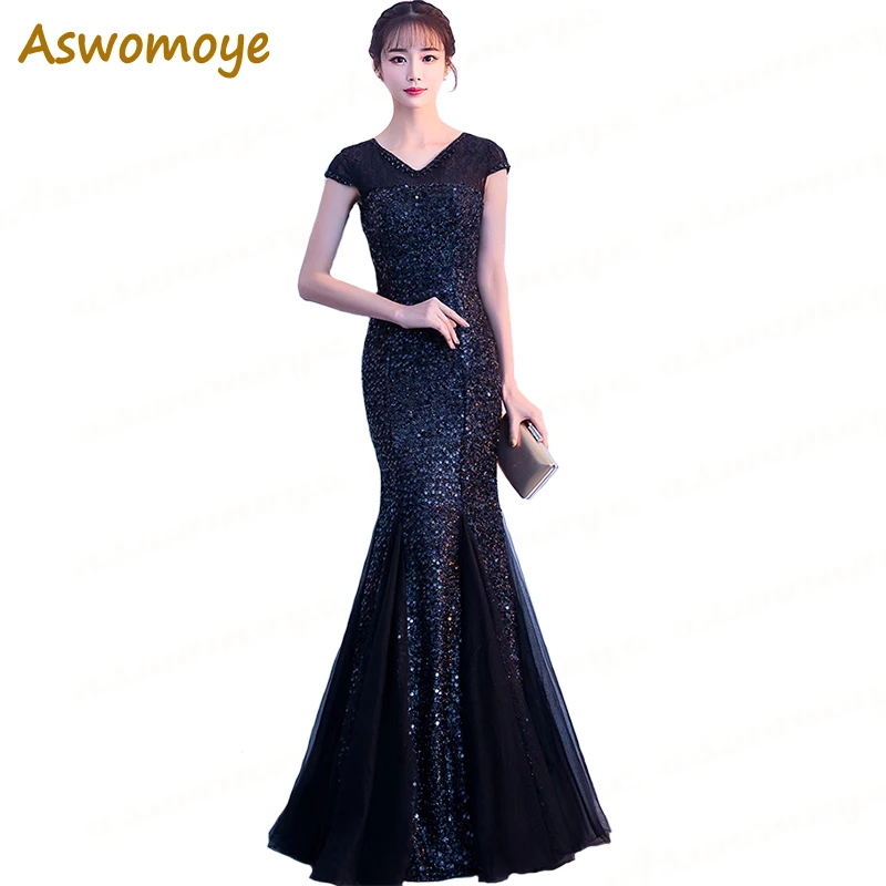 

Aswomoye Mermaid Evening Dress 2018 Short Sleeve Sequins Wedding Party Dress Beaded V neck Prom Dresses Robe De Soiree