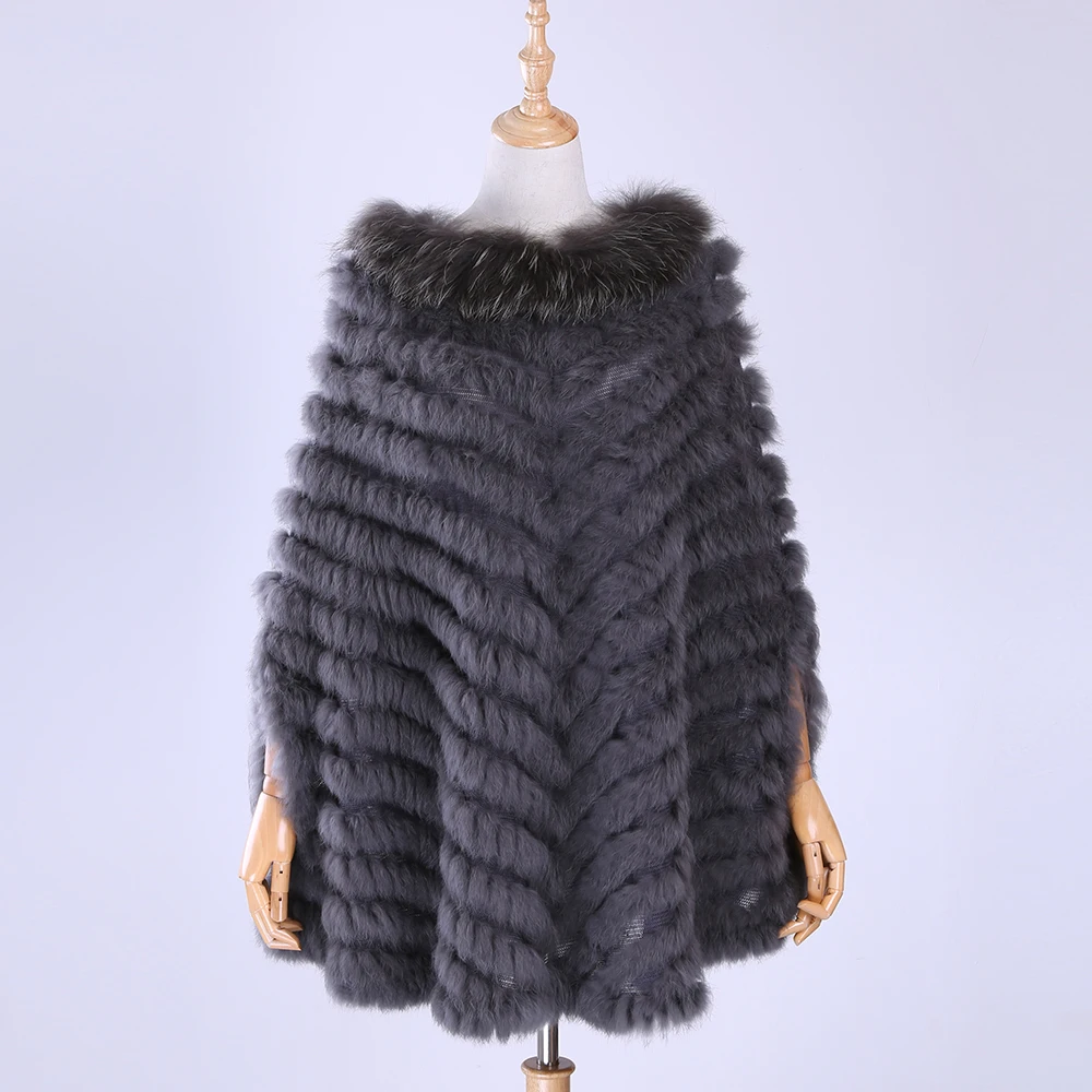 New Women\'s Luxury Pullover Knitted Genuine Rabbit Fur Raccoon Fur Poncho Cape Real Fur Knitting Wraps Shawl Triangle Coat