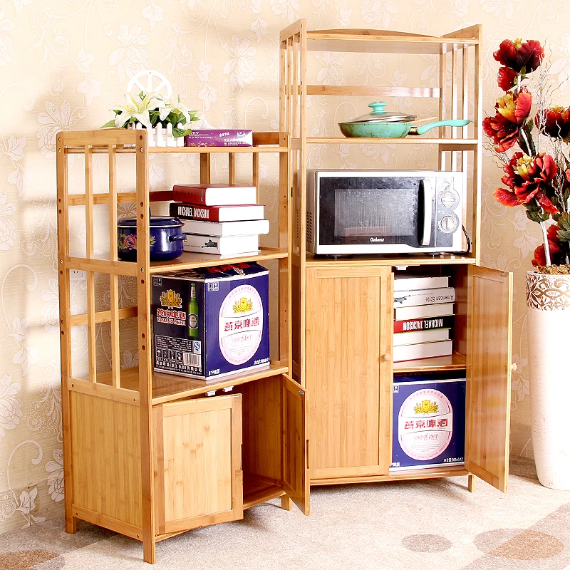 Qin Yan bamboo shelf microwave oven shelf with door compartment lockers wood kitchen storage rack multifunction oven