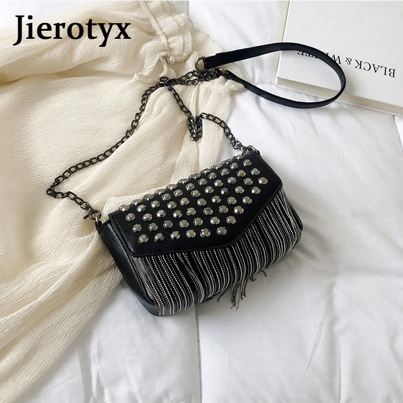 JIEROTYX Fashion Tassel Diamonds Brand Design Mini Chain Shoulder Bag Crossbody Black Leather Rivets Female Bolsa Sac A Main