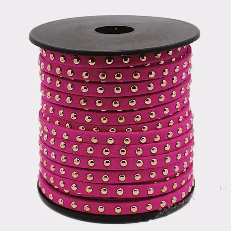 20Yds Hot Pink Suede Cord,Microfiber Faux Cord,Gold Studded Suede,Gold Riveted Cord,5mmx2mm,Bracelet Necklace Jewelry Making