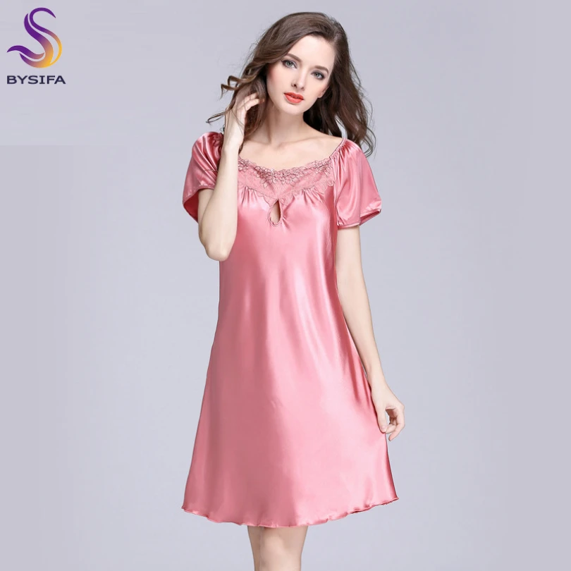 2020 New Sweet Young Women Silk Nightgown Printed Fashion Knee-length Girl Sleepwear Summer Ladies Sleepshirts Pink,Camel,Blue