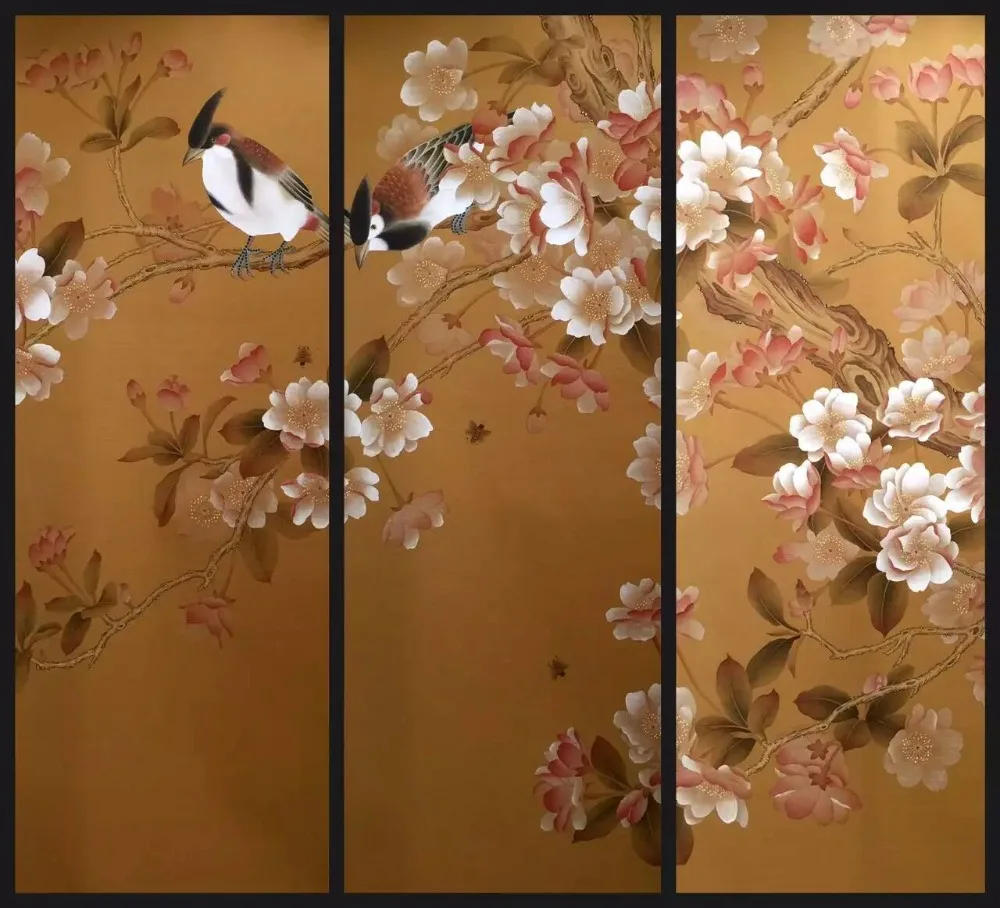 

Customized Hand-painted silk wallpaper painting flowers with birds hand painted wallcovering many patterns/backgrounds optional