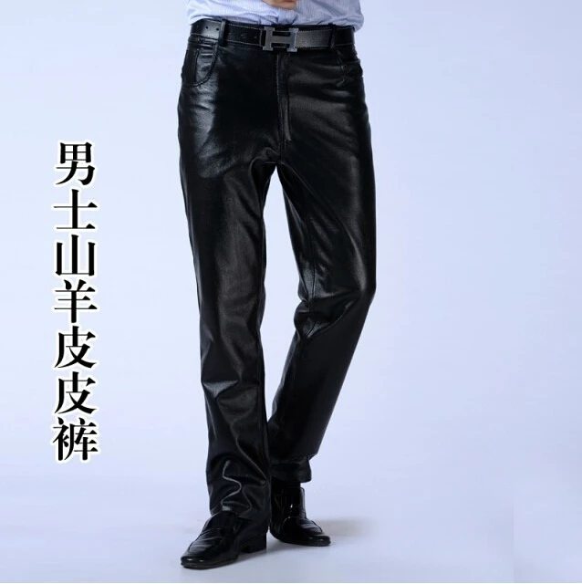 30-43 Genuine Leather Goatskin Leather Pants Men's Brand Motorcycle Leather Pants Warm Windproof Men Plus Size Trousers