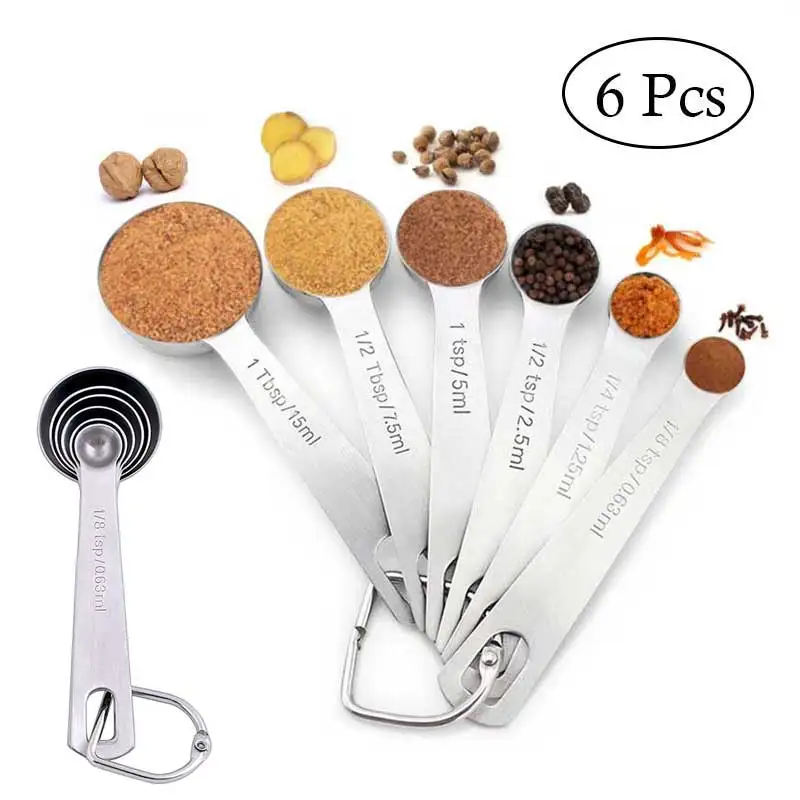 6Pcs Measuring Spoon Stainless Steel Kitchen Measure Tool Baking Coffee Tea Seasoning And Liquid Measuring Spoon Baking Supplie