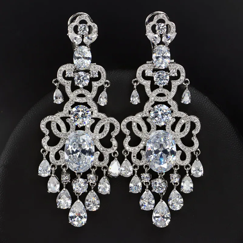 ANGELCZ European Luxury Bridal Chandelier Drop Long Earrings Dark Blue Cubic Zirconia Vintage Women Large Wedding Jewelry AE015