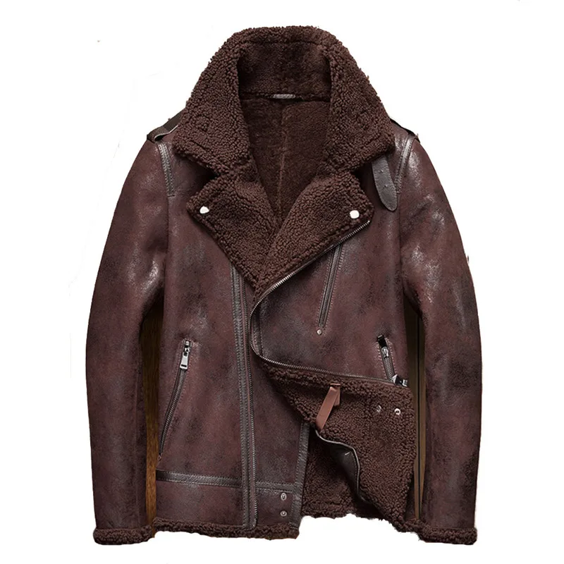 

Denny&Dora Mens Shearling Coat Mens Fur Coat Shearling Notched Collar Sheepskin Leather Jacket Men Motorcycle Jacket