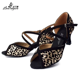 Ladingwu New Leopard texture Flannel and Flash Women's Ballroom Dance Shoes Waltz Salsa Latin Dance Shoes Heels 6cm/8.3cm