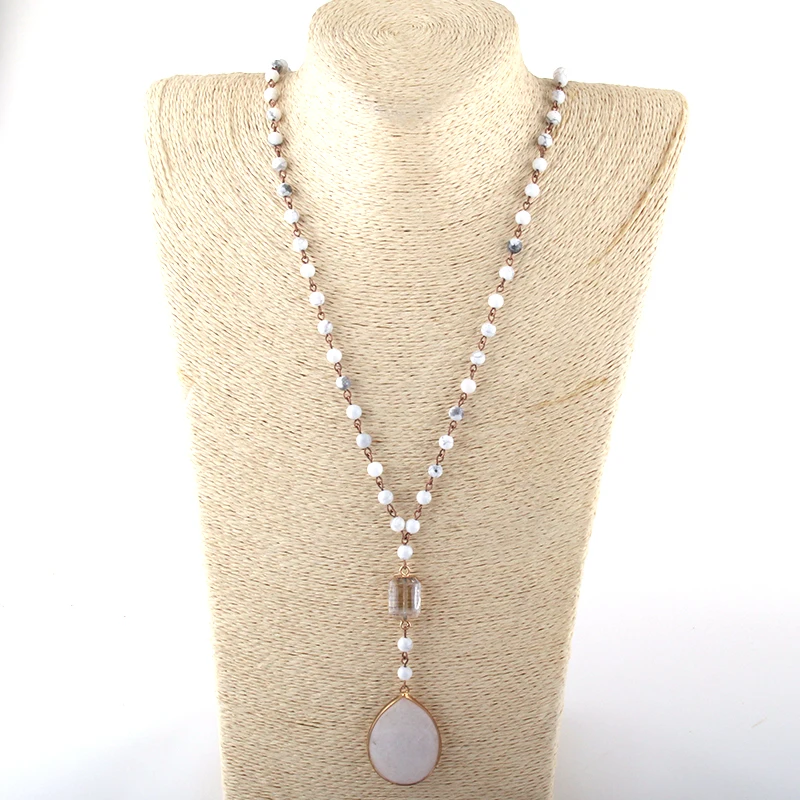 Fashion Bohemian Jewelry 6mm Stones Rosary Chain Crystal Link Stone Drop Pendant Necklaces For Women Ethnic Necklace