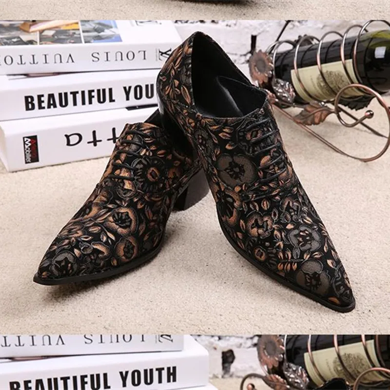 Italian mens shoes brands pointed toe dress shoes flowers printing genuine leather wedding shoes high heels designer shoes men