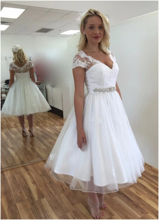 Vestido De novia blanco De manga corta con cremallera, traje De novia De encaje marfil con cuello en V, talla grande, 2020