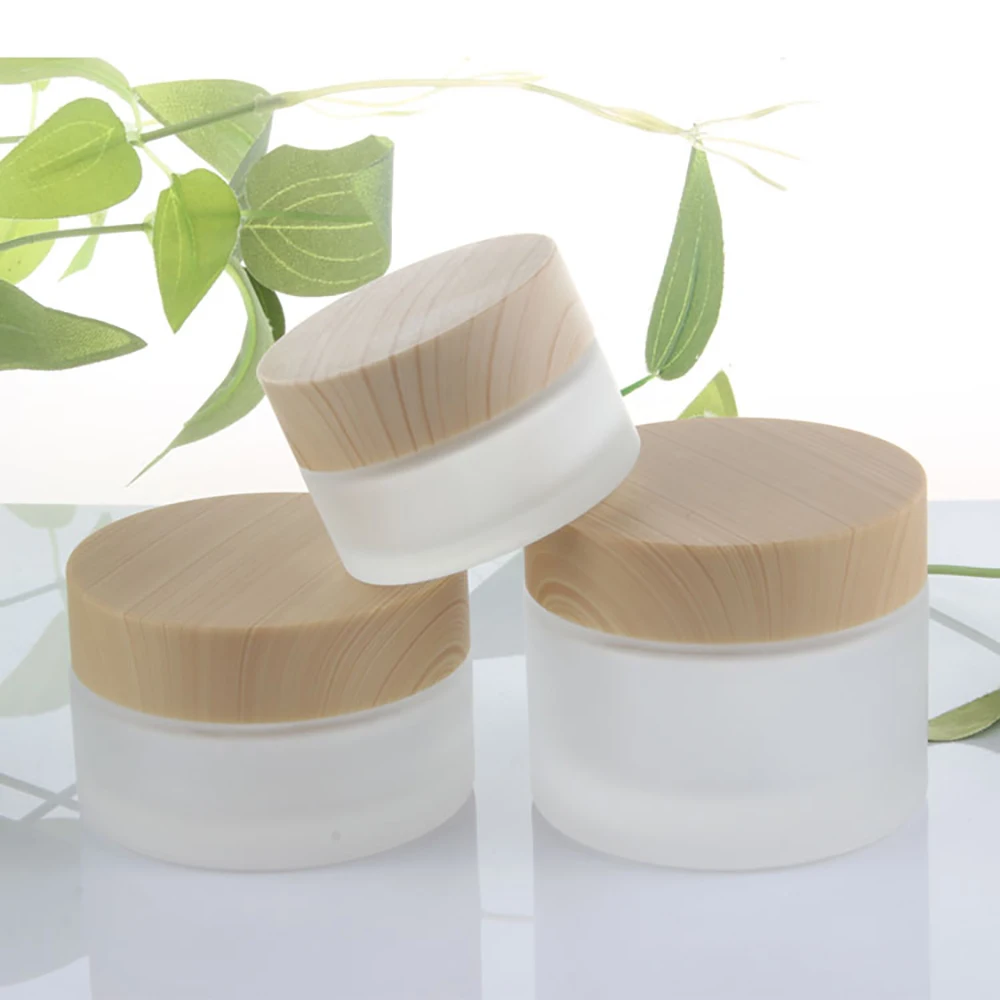 High grade cosmetics packaging 20g dispenser jar, Clear frosted galss cream jar with Wood grain cover