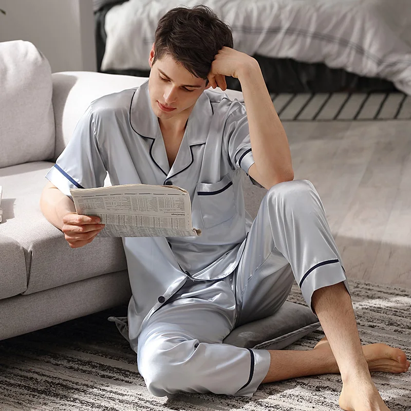 Ice Silk Man's Pajamas Summer Short-Sleeve Long Pants Two-Piece Sets Silk Satin Thin Style Sleepwear Male Light Blue X90011