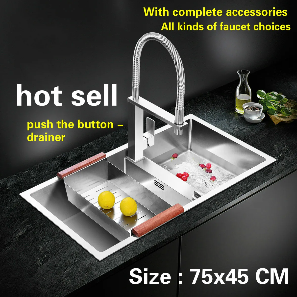 

Free shipping Hot sell standard kitchen push the button - drainer manual sink double groove food-grade stainless steel 75x45 CM