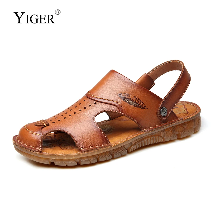 YIGER Men sandals beach slippers new summer genuine leather Non-slip tendon sole male casual sandals leisure outdoor slipper2023