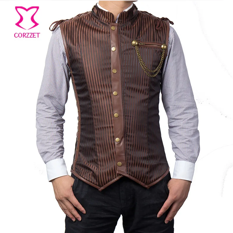 Brown Striped Stand Collar Sleeveless Zipper Vintage Mens Waistcoat Steampunk Jacket Men Gothic Coat Waist Trainer Corset Vest