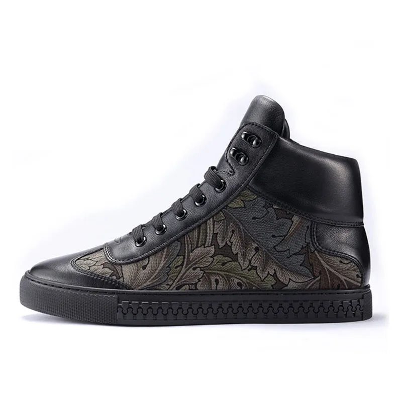 Fashion Brand High Top Sneakers Men Fall Winter Genuine Leather Warm Cotton Shoes Flower Print Black Casual Shoes Mens Flats