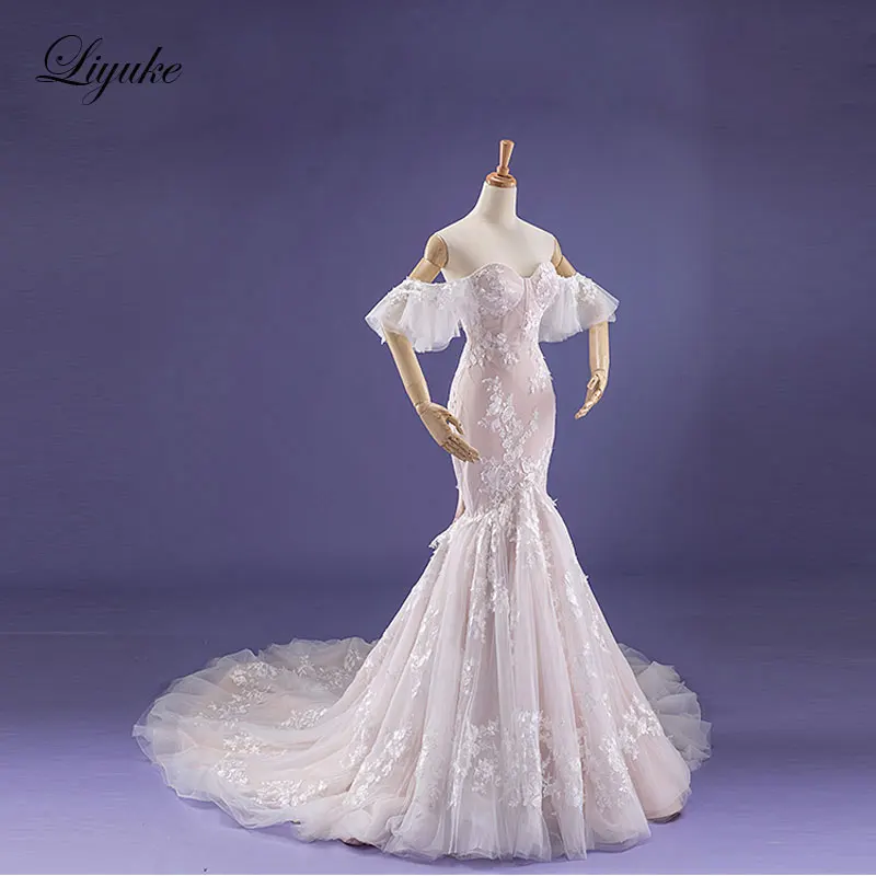 Liyuke Fabulous Dropped Waistline Mermaid Wedding Dress Court Train Inner Champagne Off The Shoulder Bridal Dresses