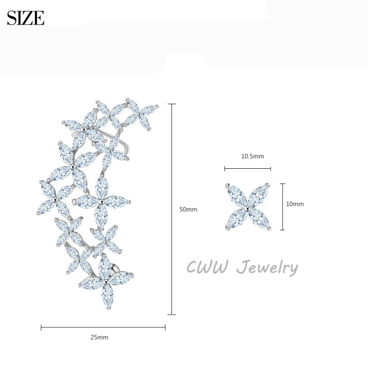 CWWZircons Design Right And Left Asymmetric Design New Fashion Brand Big Cubic Zirconia Ear Cuff Flower Earrings for Women CZ294