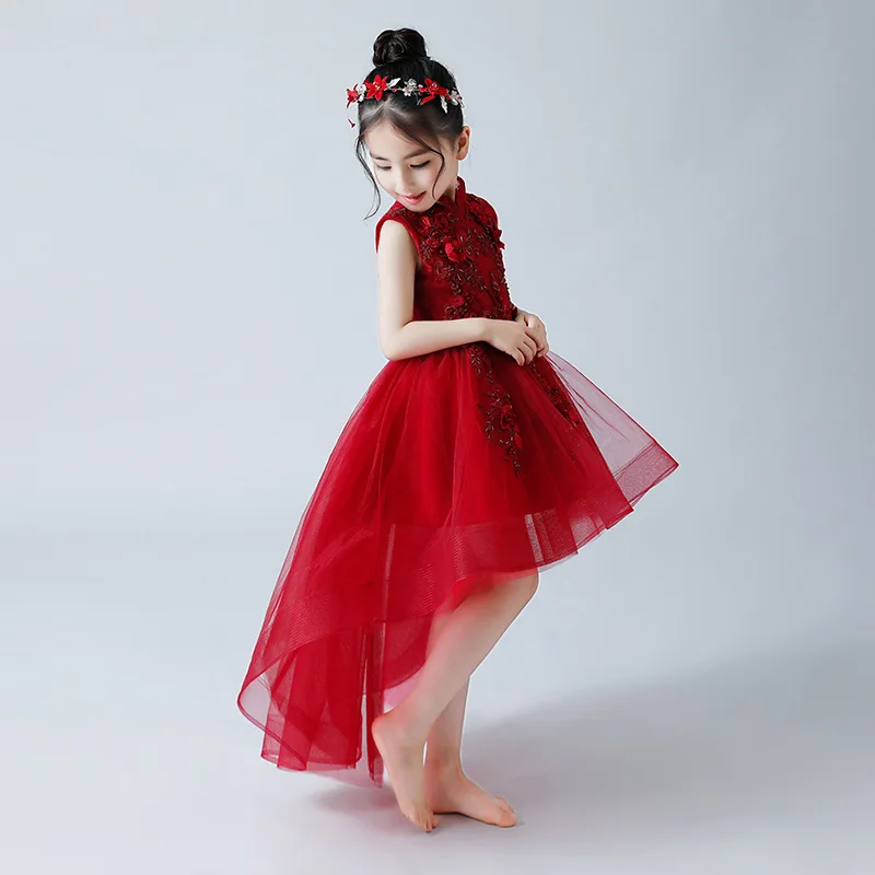 2019 elegante menina vermelha princesa jantar festa beleza bordado vestido menina dança desempenho festa princesa primeiro vestido de bola