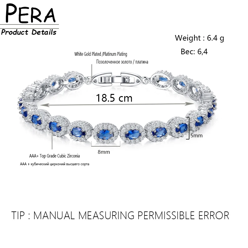 Pera Fashion Women Silver Color Summer Jewelry Design Dark Blue Cubic Zirconia Oval Chain Link Bracelets for Mothers Day B070