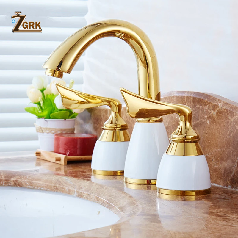 3 Piece Set Faucet Bathroom Deck Mounted Sink Mixer Tap 3 Hole Basin Faucet Set Solid Brass Faucet Golden Finish Water Tap