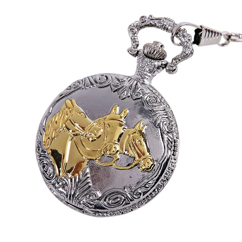 Siliver dan Golden Horse Kuarsa Pocke Menonton Running Pola Emas Hollow Kalung Liontin Vintage Cina Hewan