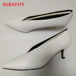 Xgravity New Pop Sexy Pointed Toe Girl Thin Heel Woman Shoes Deep V Design Lady Fashion Shoes Elegant European Women Shoes A264