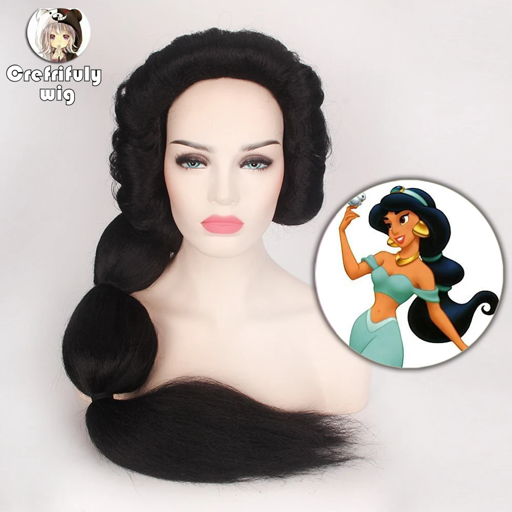 Pelucas de princesa Jasmine para mujer, peluca de pelo largo negro, fiesta de disfraces de Halloween, dibujos animados, 90cm, gran oferta