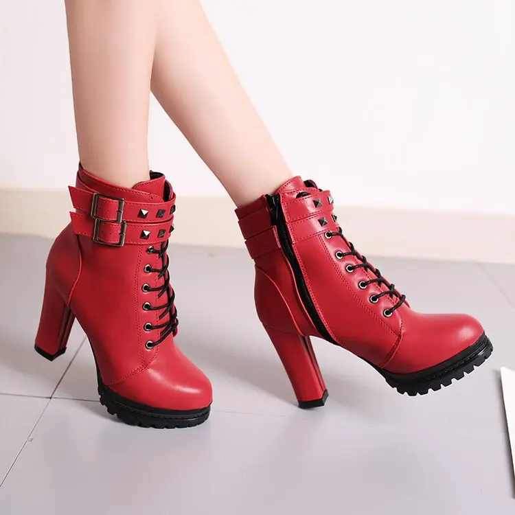 New Autumn Women Ankle Boots Platform High Heel Shoes Ladies Lace Up Buckle Strap Short Boots Casual Female Footwear