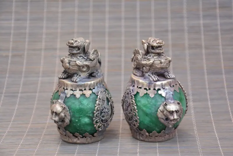 

collection Qing Dynasty a pair of Silver&jade Flying Animal Hydrangea,A PAIR,free shipping