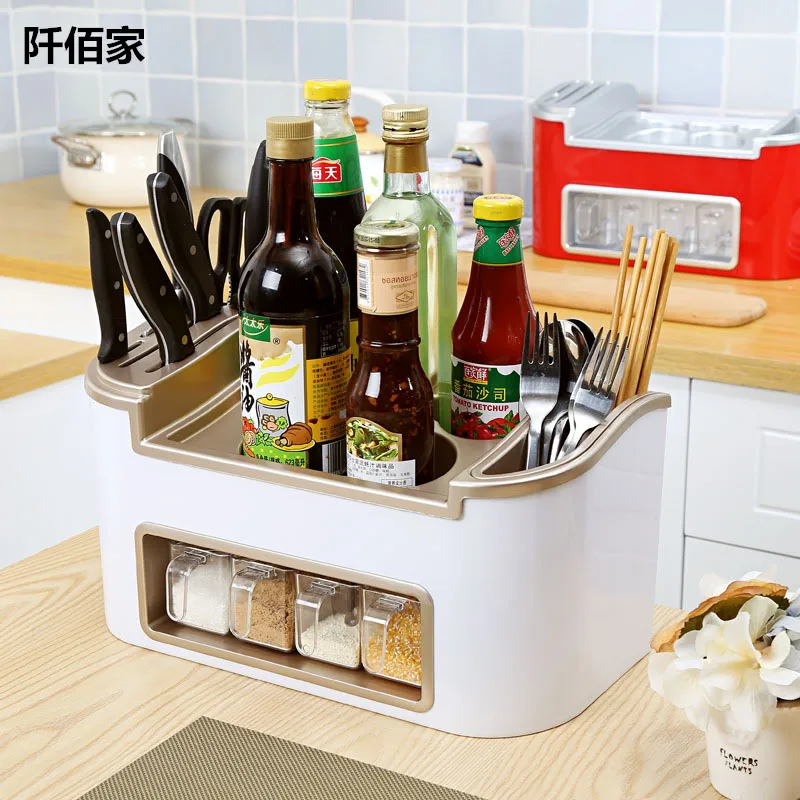 

Multifunctional Double Row PP Kitchen Organizer Storage Box Caster Spice Knife Holder Tool Cutlery Rack Home Kitchen Supplies