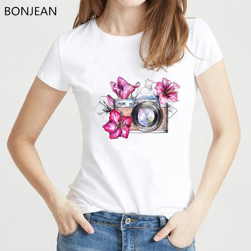 

Flower Camera Printed T Shirt Women Summer Tops Harajuku Tee Shirt Femme Pretty Girl T-Shirt Female Korean Style