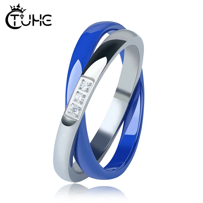 New Fashion Blue Silver Cross Rings With Crystal for Women Blue Pink Ceramic Stainless Steel Finger Rings Women Wedding Jewelry