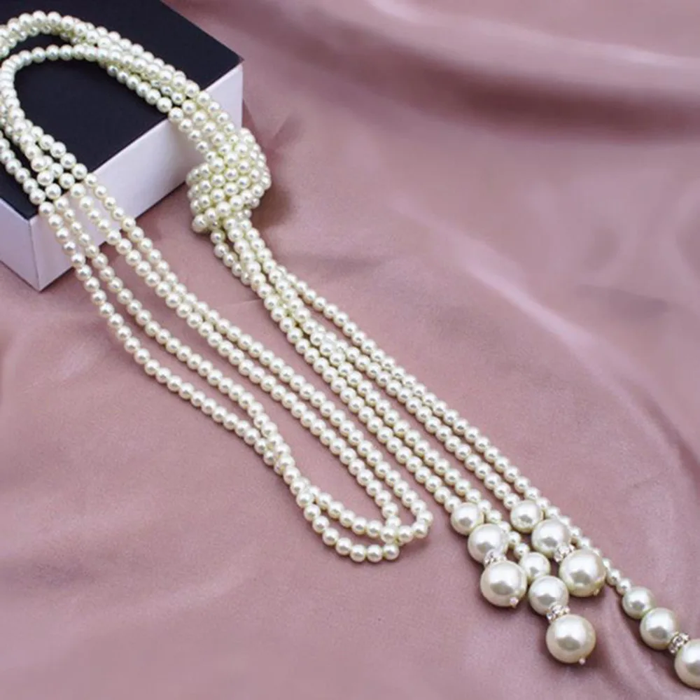 1pc Multilayer Imitation Pearl Bead Necklace Long Knotted Sweater Necklaces for Women Fashion Jewelry