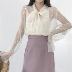 Two Piece Women Mesh Blouse Solid Casual Tie Bow Lace Shirts Female Beading Long Sleeve Blouses Bottoming Shirt +Tank Tops AB799