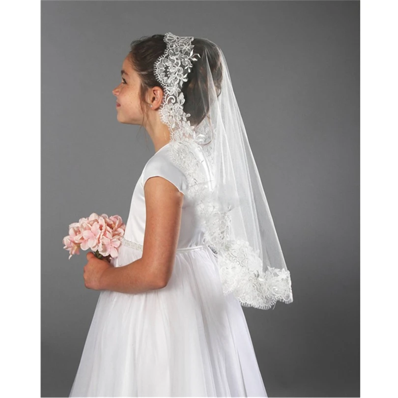 ISHSY Hochzeit Blume Mädchen Erste kommunion Schleier Spitze Rand Einer Schicht Kinder Kinder Tüll Schleier Voiles Filles velos de Novia