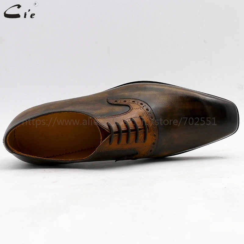 cie oxford patina olive matching brown carving design full grain calf leather breathable outsole handmade men shoe bespoke color