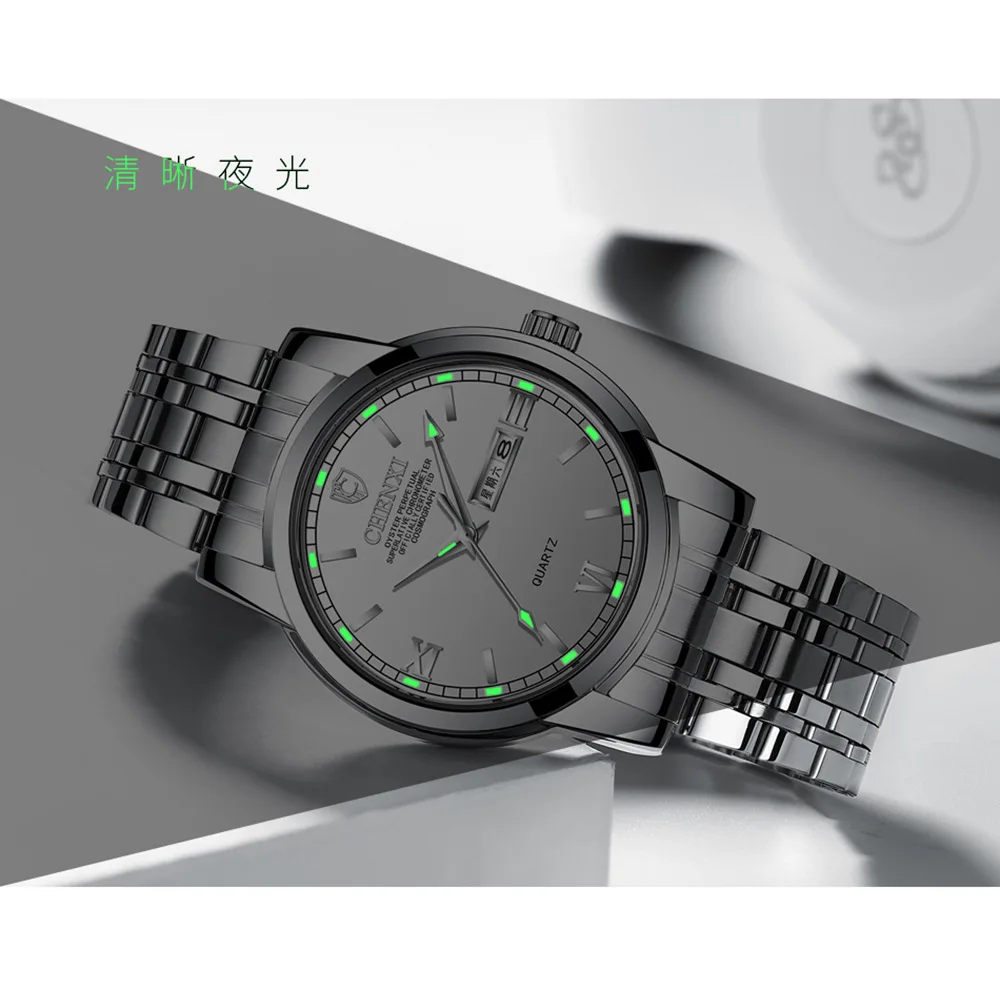 New Men\'s Steel Watchband Waterproof Round Dial Plate Calendar Chinese Weekly Quartz Watch