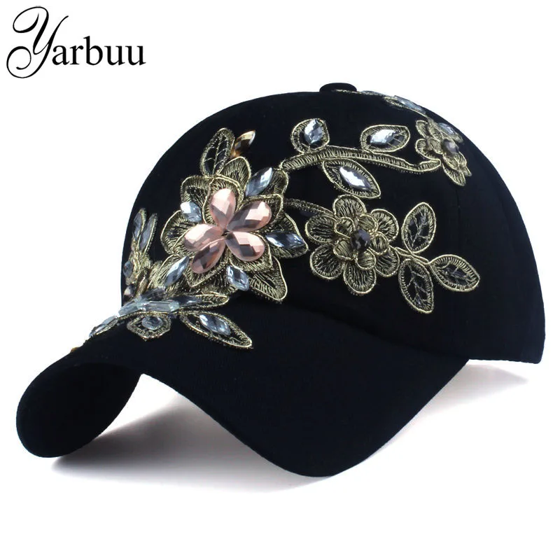 [YARBUU] Brand Baseball Cap With Flower Canvas Snapback Caps For Women Female Cap Hat High Quality Rhinestone Denim Cap