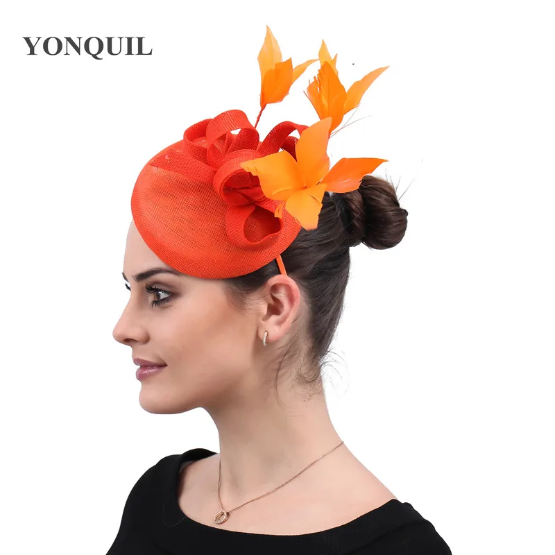 New Women Orange Fascinator Fashion Ribbons Female Wedding Party Fedora Hat Penny Mesh Featehrs Hats Amazing Accessories SYF570