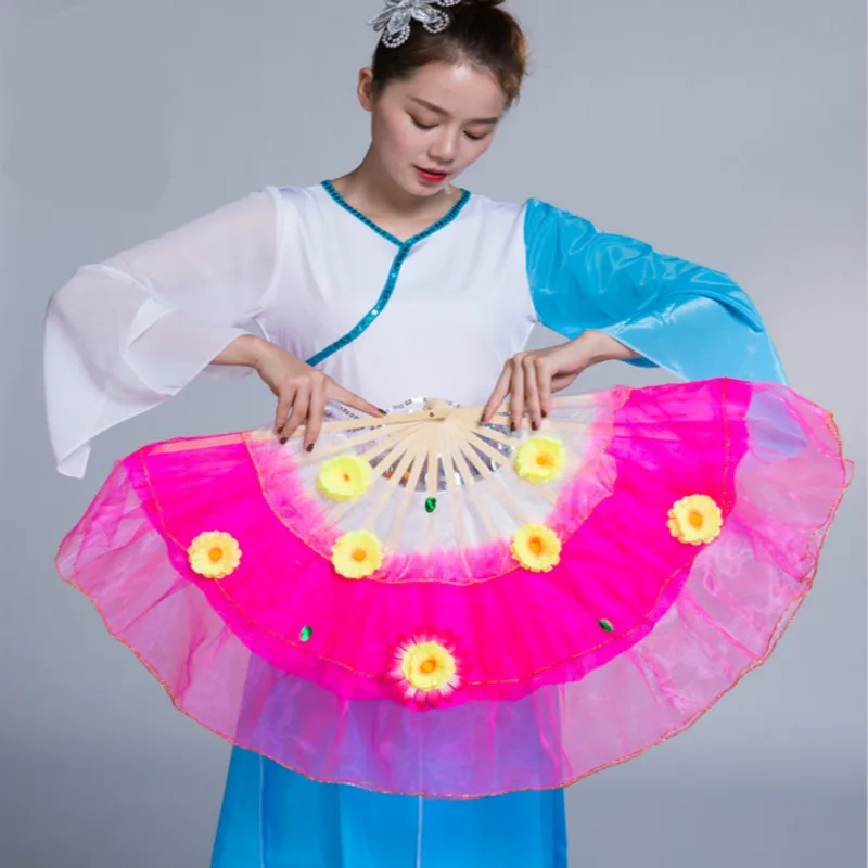 

Double-sided Dancing Hand Flower Dance Fan Children/Adult Lengthening Yarn Fan Square Dancing Performance Props abanicos