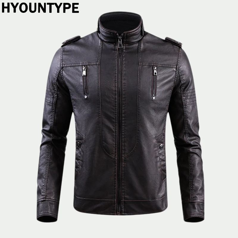 Retro Leather Jacket Men Stand Collar Locomotive Coat Autumn Winter Casual Plus Size Motorcycle Jacket Male Warm Biker Outerwear