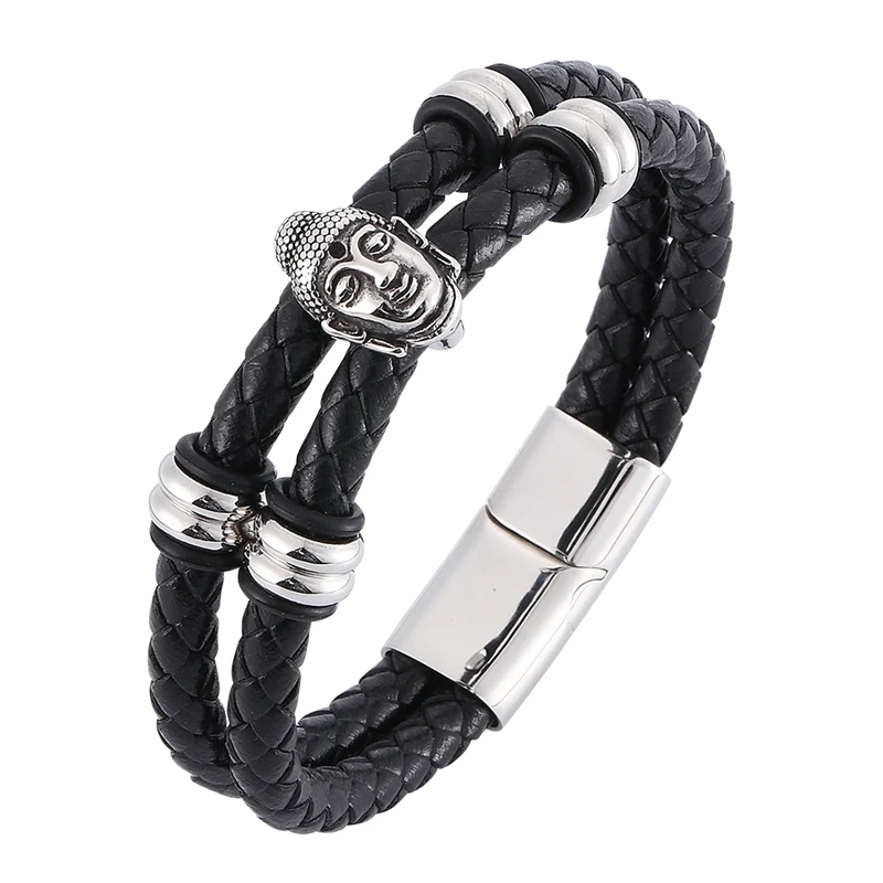 Buddha Head Jewelry Black Double Men Leather Bracelets Stainless Steel Clasps Bracelet Men's Bracelet religion Jewelry BB0329