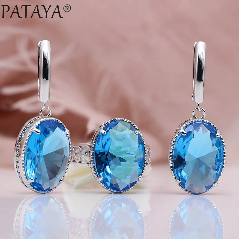 PATAYA New Women Wedding Party Noble Hollow Jewelry Sets White Gold Oval AB Color Natural Zircon Fine Dangle Earrings Rings Set